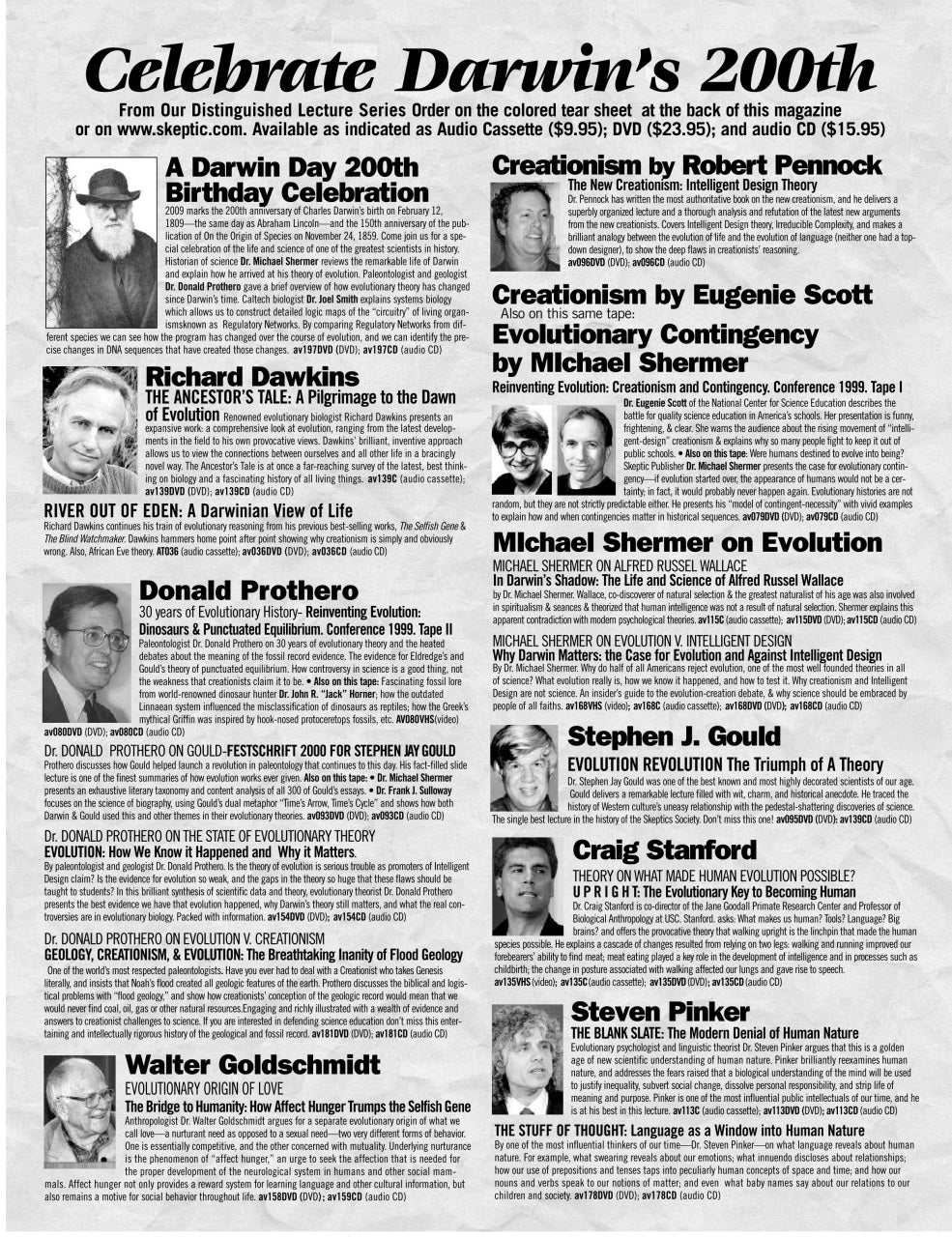 A black-and-white printed program or brochure page with multiple article titles, author names, and small portrait photos arranged in a newspaper-style layout. The large headline at the top reads 'Celebrate Darwin's 200th'.
[additional_image_link]