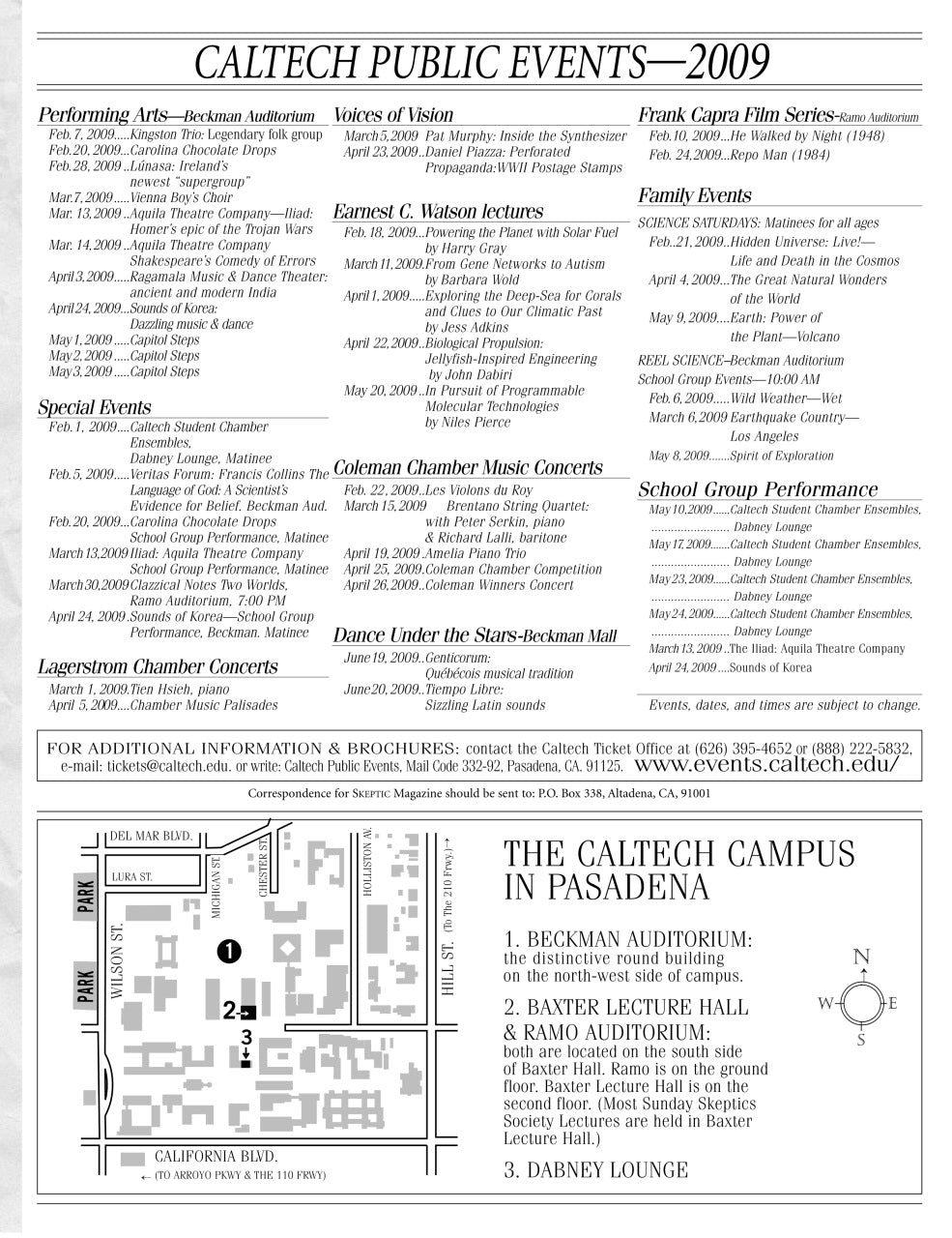 A black-and-white printed program or brochure page for Caltech Public Events 2009, featuring event listings, a campus map, and venue information for Caltech in Pasadena.
[additional_image_link]