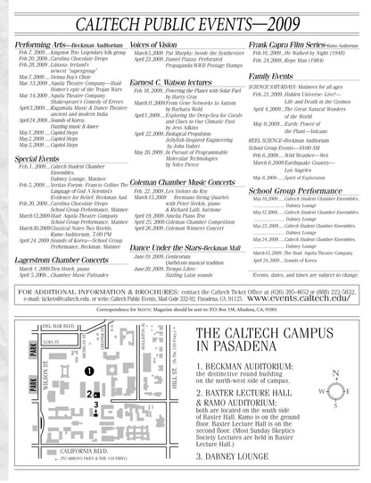 A black-and-white printed program or brochure page for Caltech Public Events 2009, featuring event listings, a campus map, and venue information for Caltech in Pasadena.
[additional_image_link]
