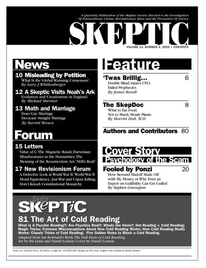 A black-and-white page from Skeptic magazine, showing the masthead 'SKEPTIC' and several article titles and sections including News, Feature, Forum, Letters, and a cover story.
[additional_image_link]