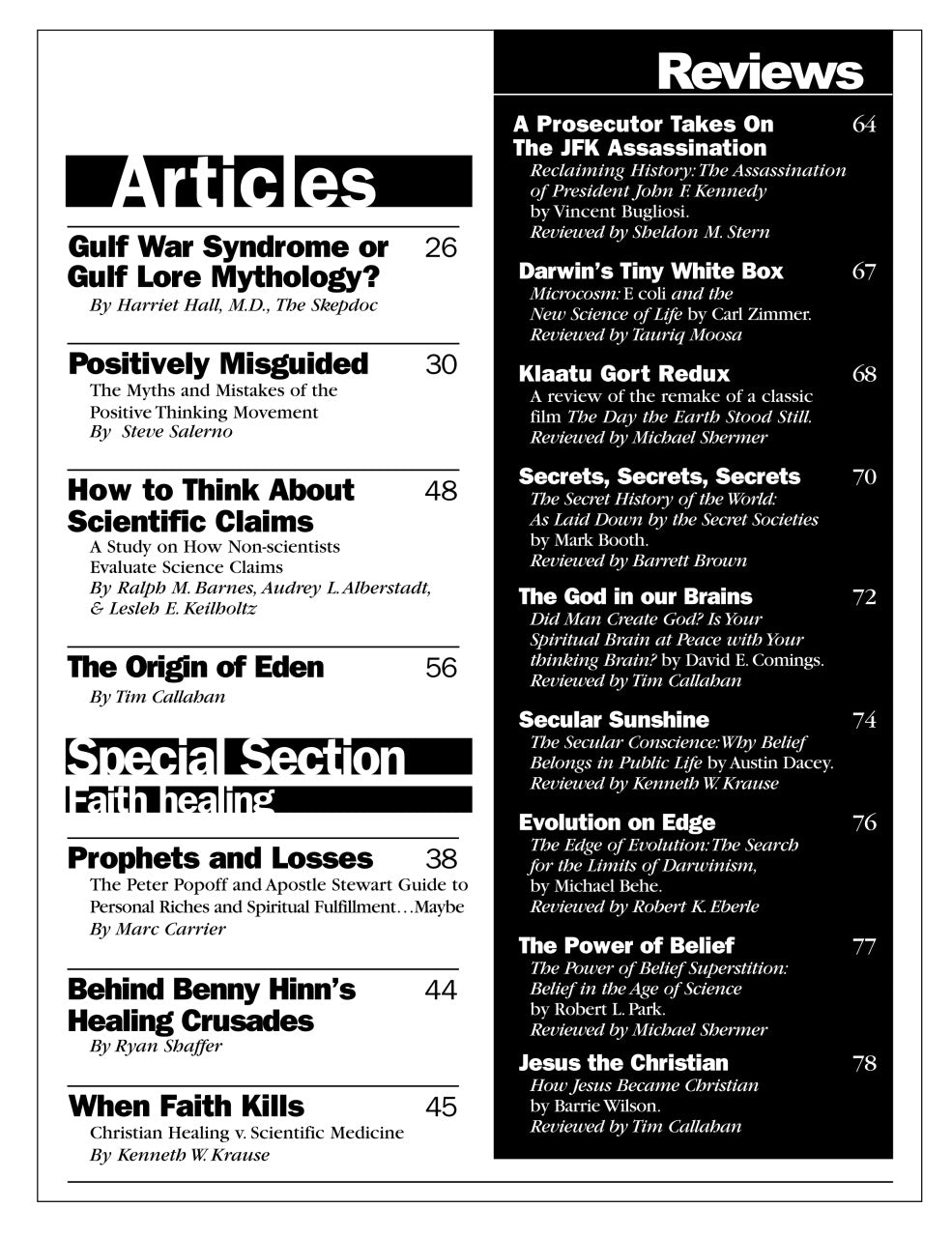 A black-and-white page from a book or magazine showing a table of contents with article titles, page numbers, and a 'Reviews' section on the right.
[additional_image_link]