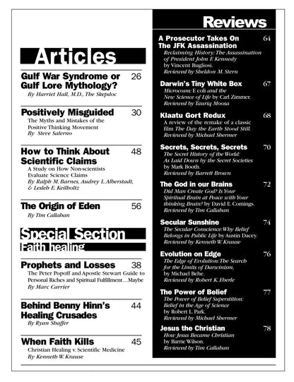 A black-and-white page from a book or magazine showing a table of contents with article titles, page numbers, and a 'Reviews' section on the right.
[additional_image_link]