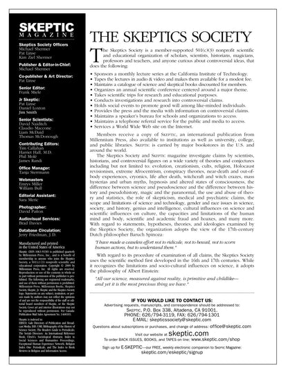 A black-and-white scan of a Skeptics Magazine newsletter page, featuring the organization's name and logo at the top left, a sidebar with contact information, and a large article preview headed 'THE SKEPTICS SOCIETY' with body text about skepticism.
[additional_image_link]