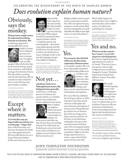 A single-page newspaper or magazine article spread titled 'Celebrating the bicentenary of the birth of Charles Darwin' with multiple columns of text, several small black-and-white portraits, and a footer reading 'John Templeton Foundation'.
[additional_image_link]