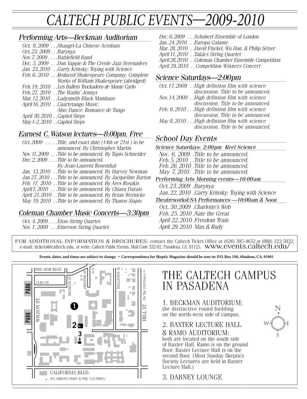 A black-and-white printed calendar page titled 'CALTECH PUBLIC EVENTS—2009-2010' with multiple event listings, schedules, maps, and venue details for Caltech campus locations.
[additional_image_link]