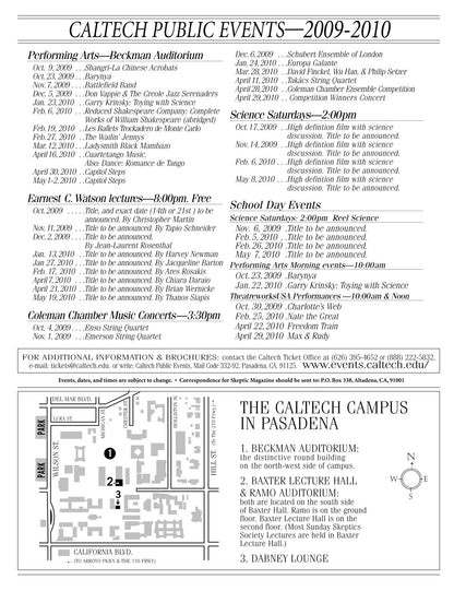 A black-and-white printed calendar page titled 'CALTECH PUBLIC EVENTS—2009-2010' with multiple event listings, schedules, maps, and venue details for Caltech campus locations.
[additional_image_link]
