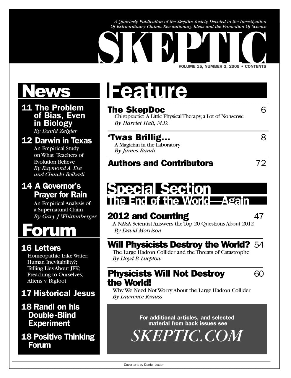 A black-and-white scan of the September 2012 issue of Skeptic magazine, showing the front cover with various article titles, a 'News' sidebar, and a 'Special Section' column.
[additional_image_link]