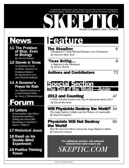 A black-and-white scan of the September 2012 issue of Skeptic magazine, showing the front cover with various article titles, a 'News' sidebar, and a 'Special Section' column.
[additional_image_link]