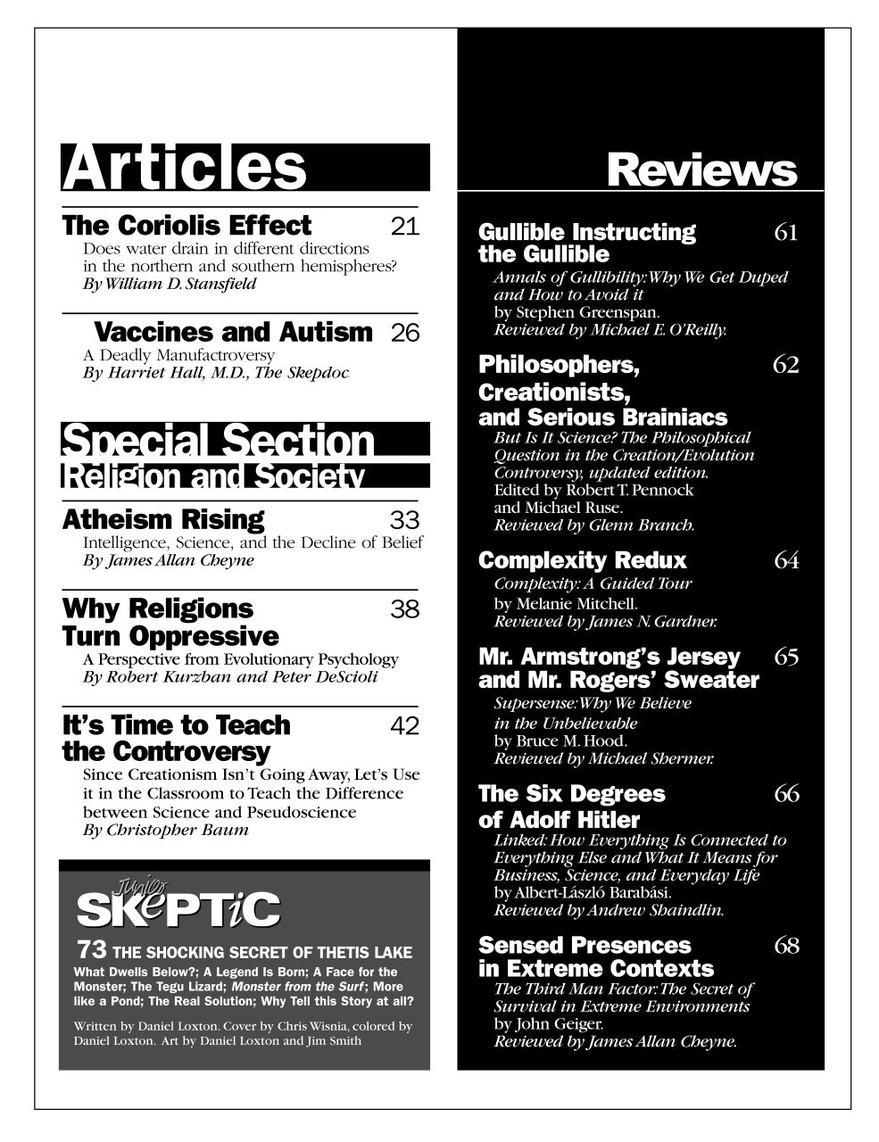 A black-and-white printed page or booklet spread showing article titles and section headers, including 'Articles,' 'Reviews,' 'Special Section Religion and Society,' 'SkeptiC,' and several essay titles with page numbers.
[additional_image_link]