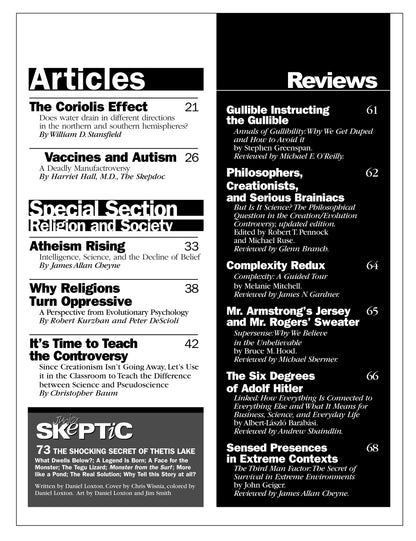 A black-and-white printed page or booklet spread showing article titles and section headers, including 'Articles,' 'Reviews,' 'Special Section Religion and Society,' 'SkeptiC,' and several essay titles with page numbers.
[additional_image_link]
