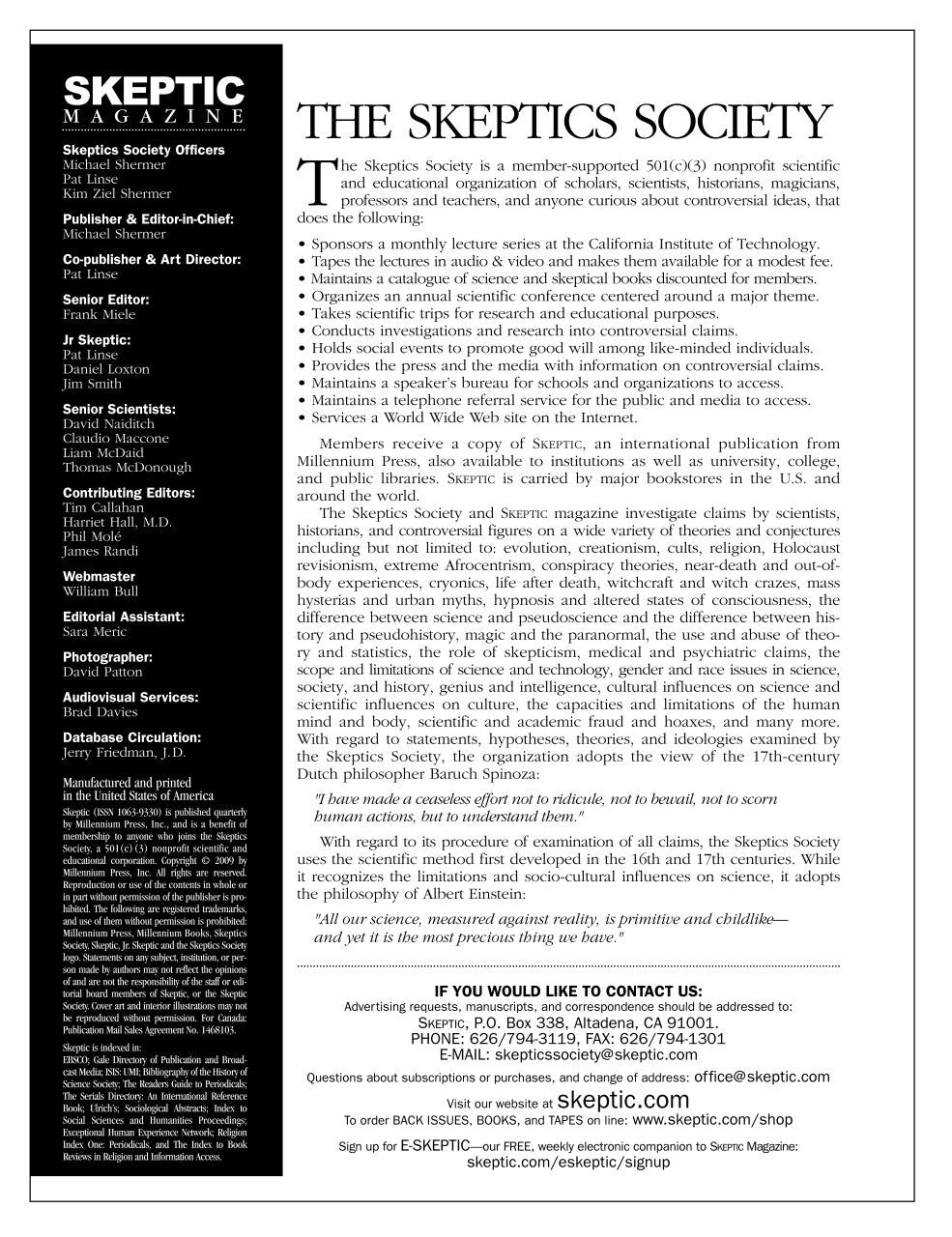 A black and white scan of a Skeptic Magazine page, featuring the masthead 'SKEPTIC MAGAZINE' on the left and an article titled 'THE SKEPTIC SOCIETY' with body text on the right.
[additional_image_link]