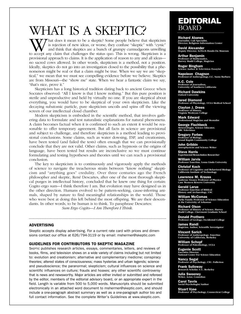 A black-and-white magazine interior page from Skeptic Magazine, featuring an editorial board list on the right and several columns of text on the left under the headline 'WHAT IS A SKEPTIC?'.
[additional_image_link]
