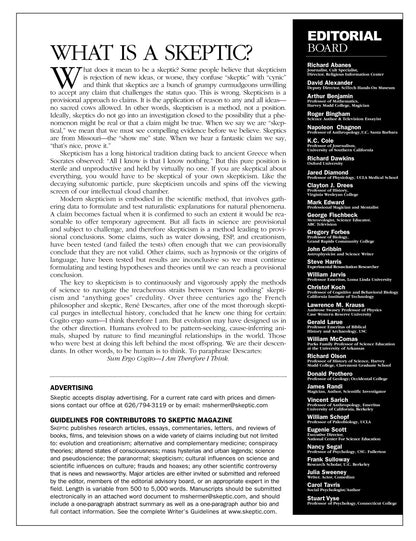 A black-and-white magazine interior page from Skeptic Magazine, featuring an editorial board list on the right and several columns of text on the left under the headline 'WHAT IS A SKEPTIC?'.
[additional_image_link]