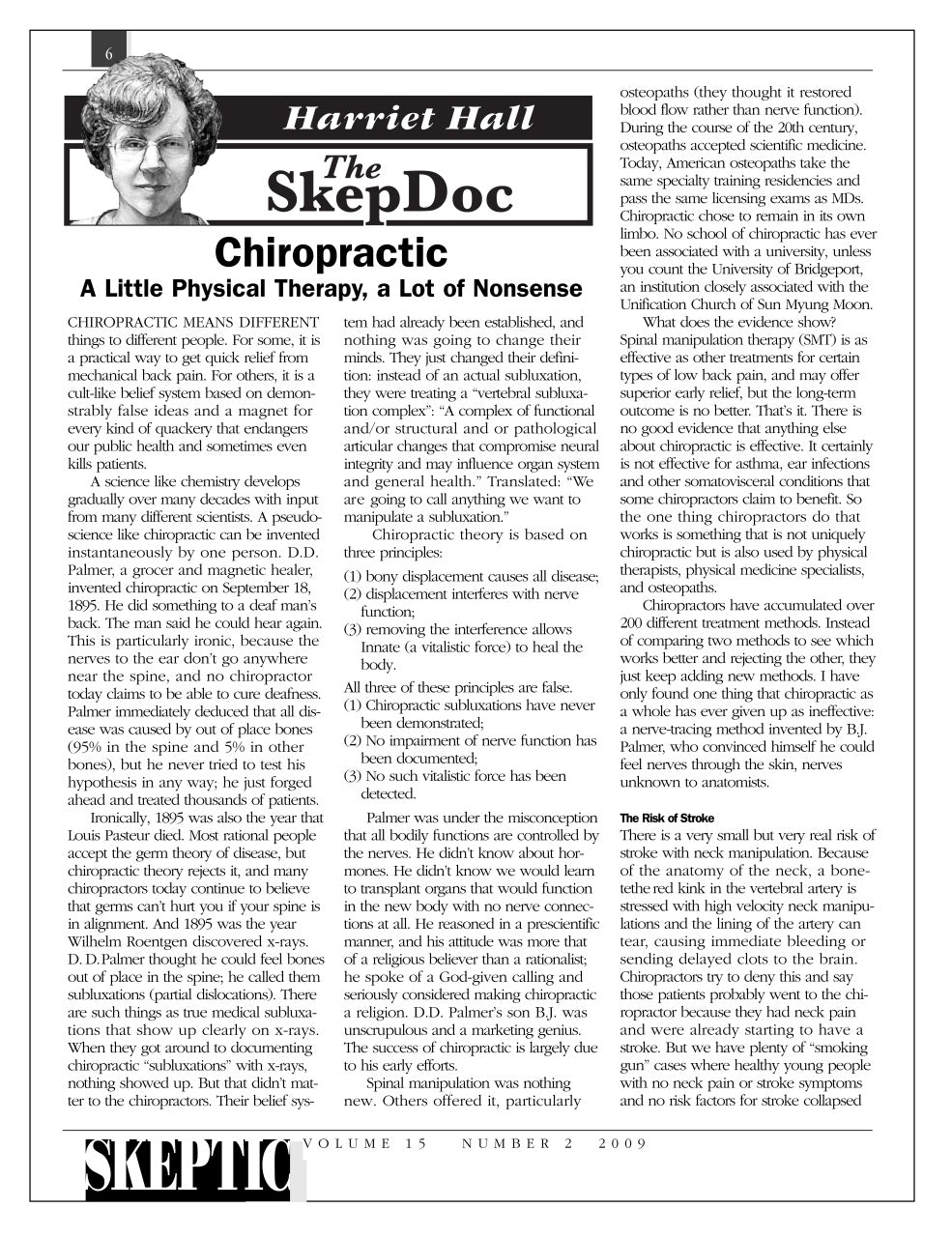 A scanned newspaper page featuring an article titled 'Chiropractic' by Harriet Hall for SkepDoc, with multiple columns of text and the Skeptic logo at the bottom.
[additional_image_link]