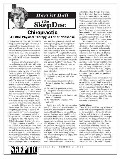 A scanned newspaper page featuring an article titled 'Chiropractic' by Harriet Hall for SkepDoc, with multiple columns of text and the Skeptic logo at the bottom.
[additional_image_link]