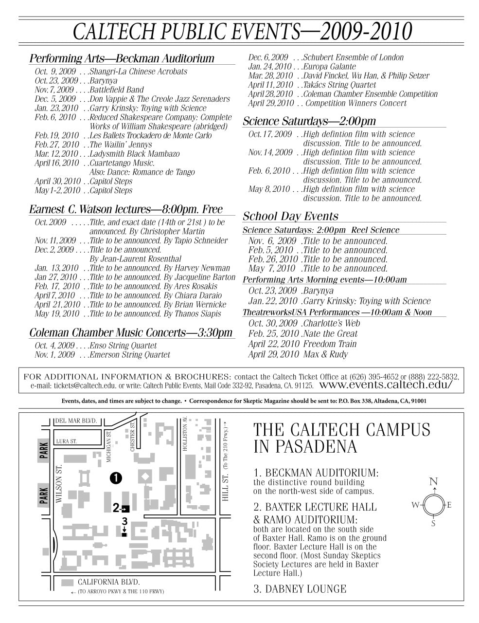 A black-and-white printed calendar page titled 'CALTECH PUBLIC EVENTS—2009-2010' with multiple event listings, schedules, maps, and venue details for Caltech campus locations.
[additional_image_link]