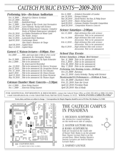 A black-and-white printed calendar page titled 'CALTECH PUBLIC EVENTS—2009-2010' with multiple event listings, schedules, maps, and venue details for Caltech campus locations.
[additional_image_link]