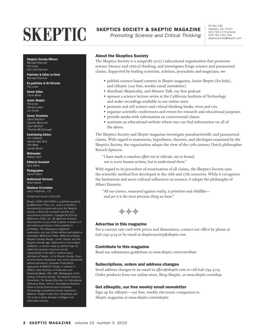 A full-page view of a Skeptic Society and Skeptic Magazine editorial page, with the title 'SKEPTIC' at the top, a dark gray sidebar on the left, and multiple columns of text on a white page.
[additional_image_link]