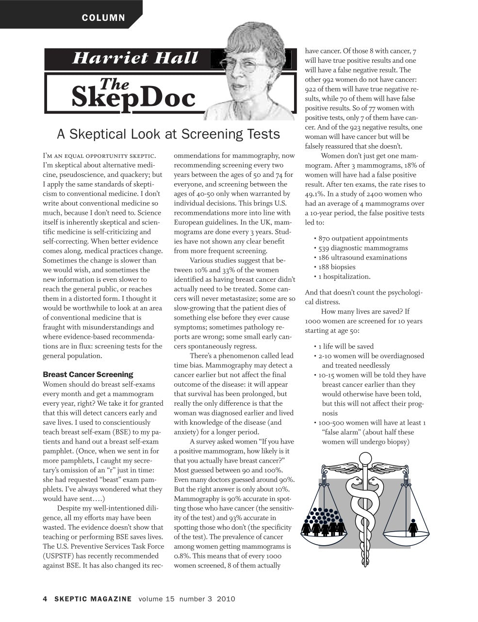 A scanned or photographed page from Skeptic Magazine featuring an article titled 'Harriet Hall The SkepDoc' with multiple columns of text and a small medical illustration at the bottom.
[additional_image_link]