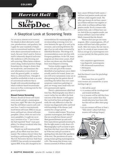 A scanned or photographed page from Skeptic Magazine featuring an article titled 'Harriet Hall The SkepDoc' with multiple columns of text and a small medical illustration at the bottom.
[additional_image_link]