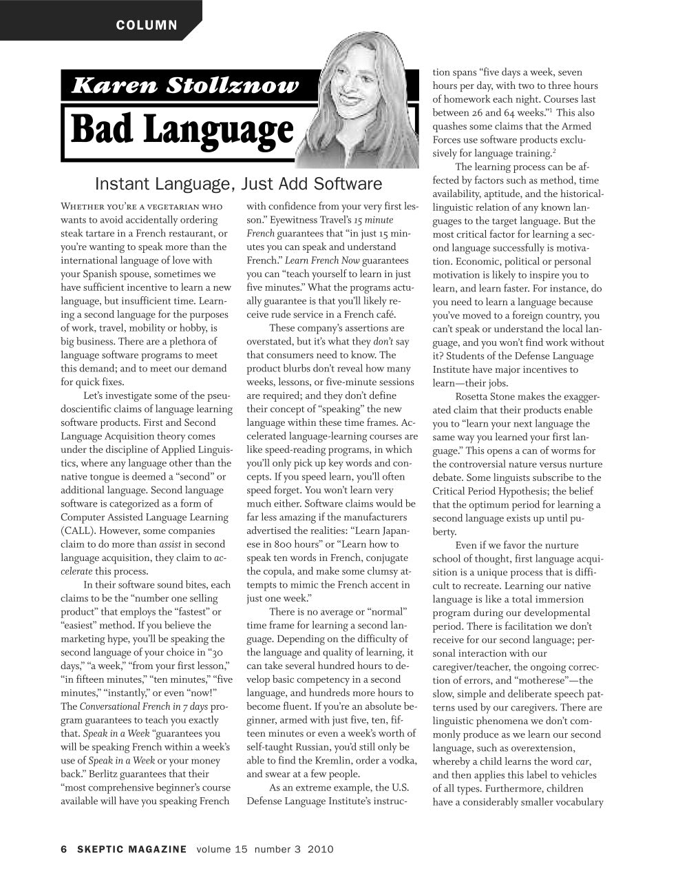 A single printed magazine page with a large black-and-white headline reading 'Karen Stollnow Bad Language' and multiple columns of body text on a white page.
[additional_image_link]