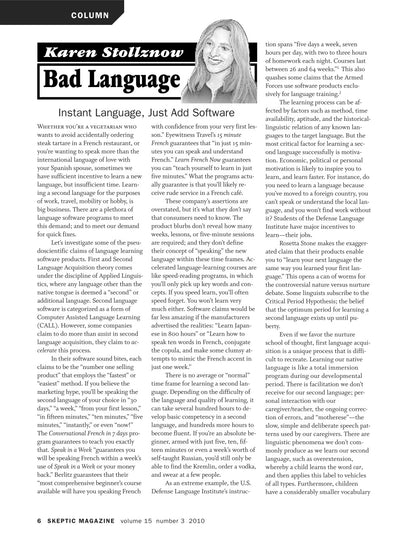 A single printed magazine page with a large black-and-white headline reading 'Karen Stollnow Bad Language' and multiple columns of body text on a white page.
[additional_image_link]
