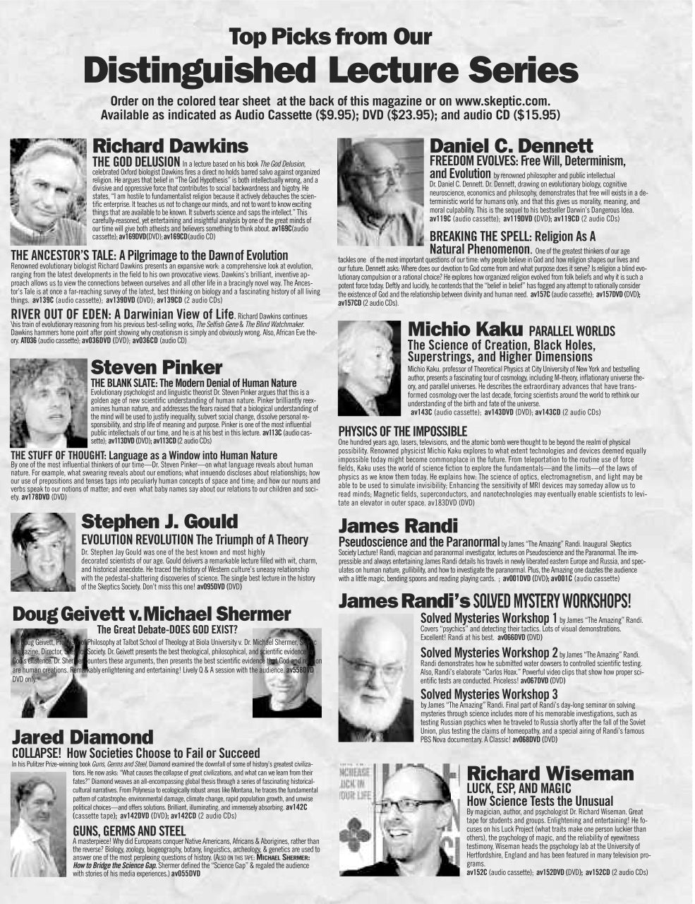 A black-and-white printed brochure or flyer page titled 'Top Picks from Our Distinguished Lecture Series' with multiple lecture/poster entries, including names like Richard Dawkins, Daniel C. Dennett, Steven Pinker, Michio Kaku, Stephen J.
[additional_image_link]