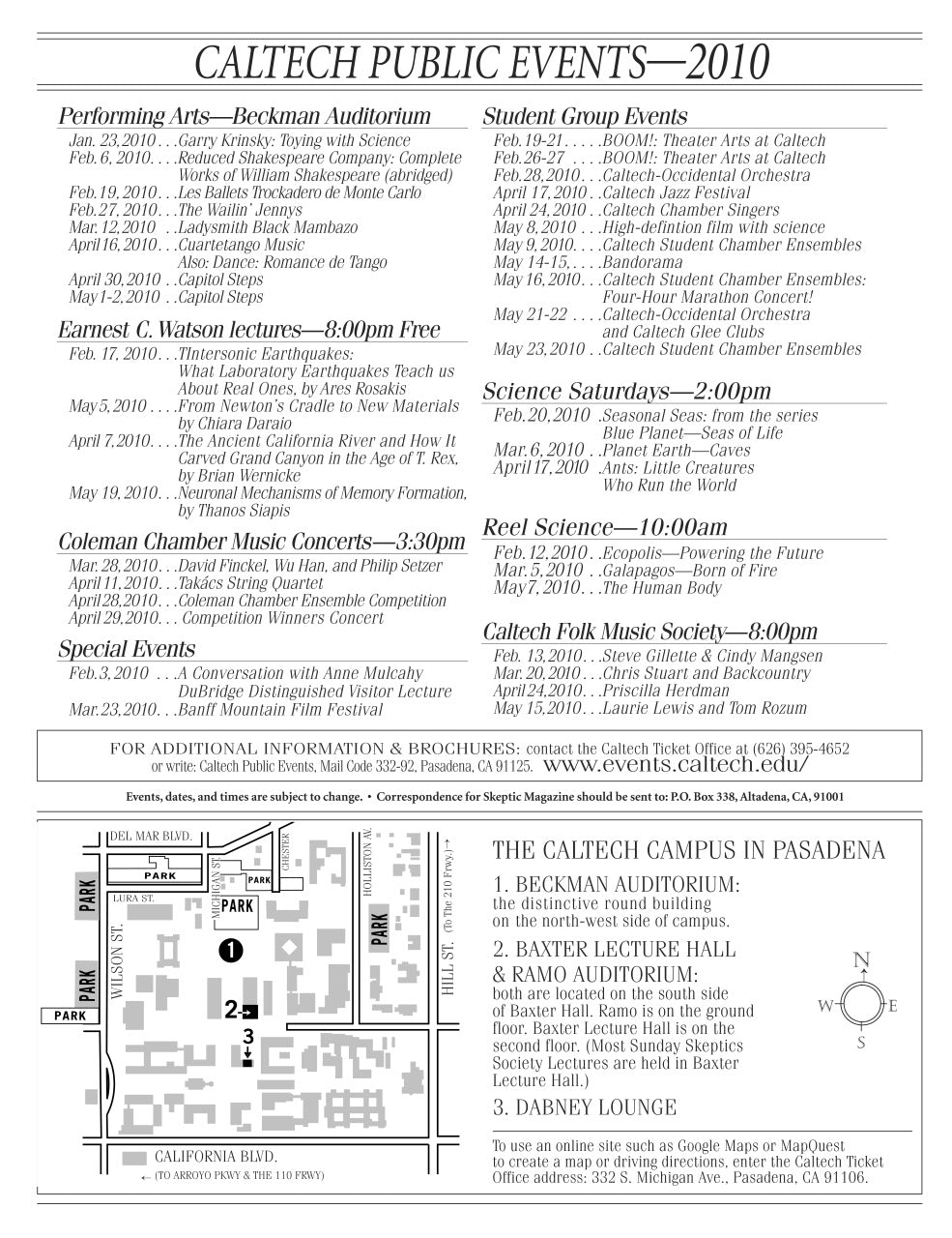 A black-and-white printed program or brochure page titled 'CALTECH PUBLIC EVENTS—2010' with multiple columns of event listings and venue information for Caltech campus locations.
[additional_image_link]