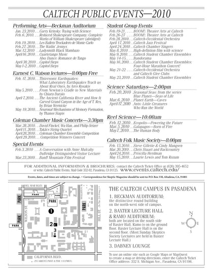 A black-and-white printed program or brochure page titled 'CALTECH PUBLIC EVENTS—2010' with multiple columns of event listings and venue information for Caltech campus locations.
[additional_image_link]