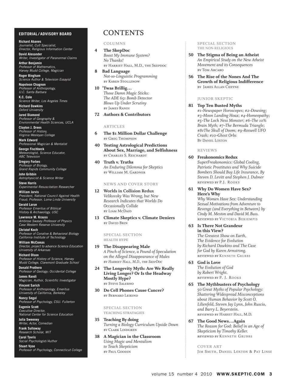 A black-and-white printed contents page from Skeptic magazine, showing article titles, authors, and editorial advisory board names in two columns.
[additional_image_link]