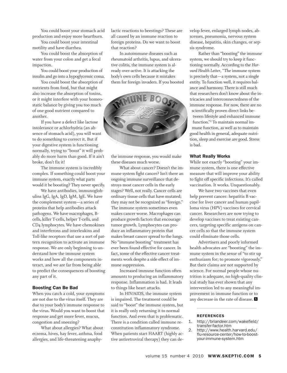 A scanned or photographed page from Skeptic's Guide featuring an article titled 'Boosting Can Be Bad' with multiple columns of black text on a white page, plus a small cover image in the top right.
[additional_image_link]