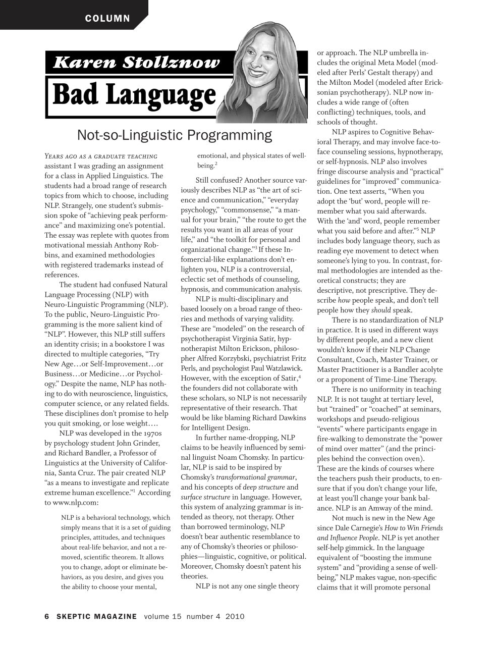 A single-page magazine article page from Skeptic Magazine, Volume 13, Number 4, 2010, titled 'Bad so-Linguistic Programming' by Karen Stollsnow. The page features a black and white layout with columns of text.
[additional_image_link]