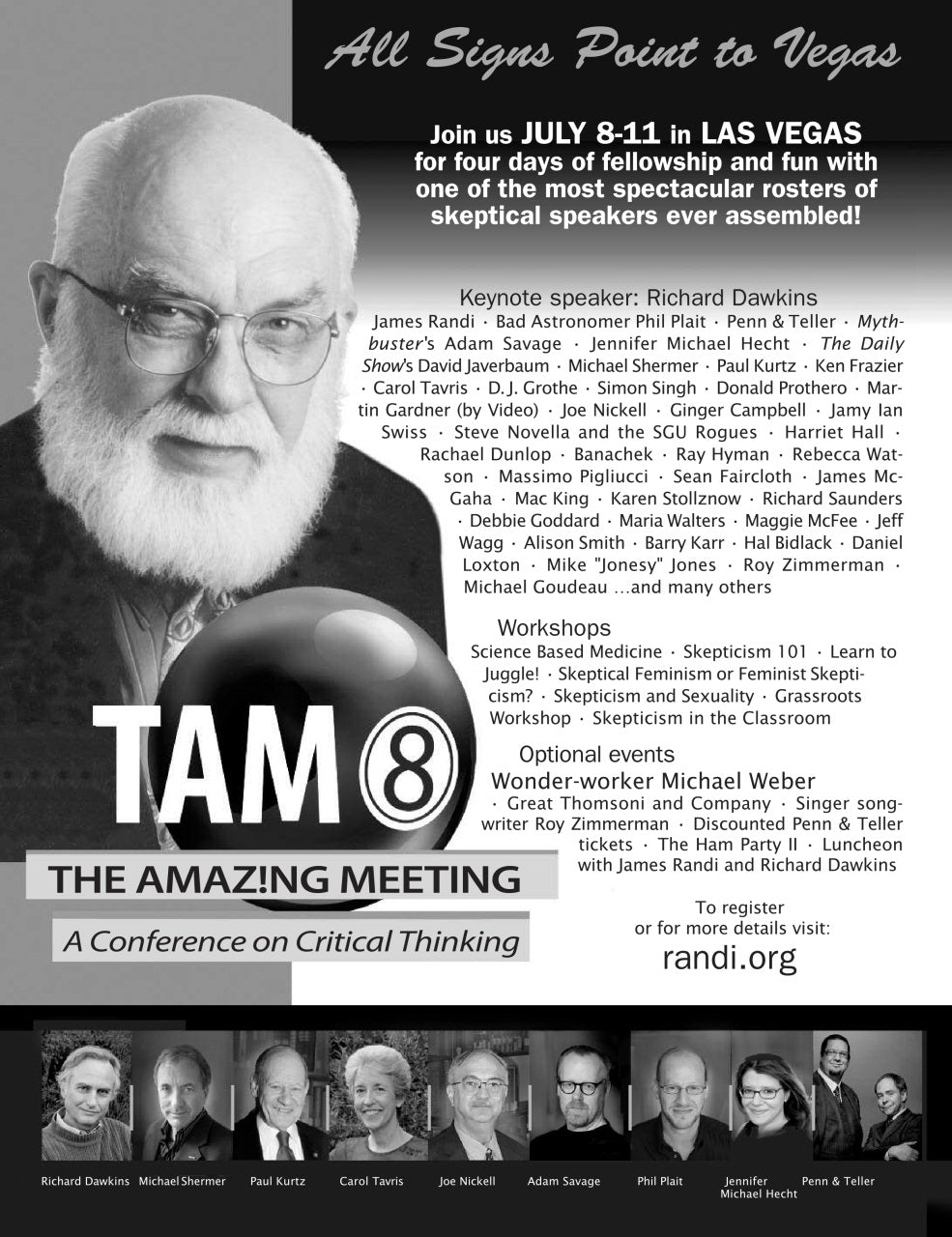 Promotional flyer for the AM08 The Amazing Meeting conference, featuring a large black-and-white portrait of Richard Dawkins at the top left, event text in white and gray on a black background, a list of speakers, workshop details, and smaller portrait photos along the bottom.
[additional_image_link]