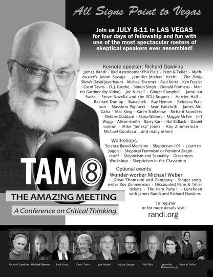 Promotional flyer for the AM08 The Amazing Meeting conference, featuring a large black-and-white portrait of Richard Dawkins at the top left, event text in white and gray on a black background, a list of speakers, workshop details, and smaller portrait photos along the bottom.
[additional_image_link]