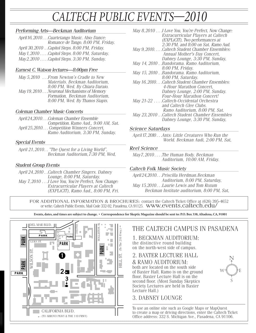 A black-and-white printed program or brochure page for Caltech Public Events 2010, with event listings, a map, and campus location text.
[additional_image_link]
