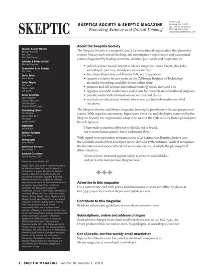 A single-page printed magazine insert or flyer for Skeptic Society & Skeptic Magazine, with a white page, black text, a dark gray sidebar, and the Skeptic masthead at the top.
[additional_image_link]