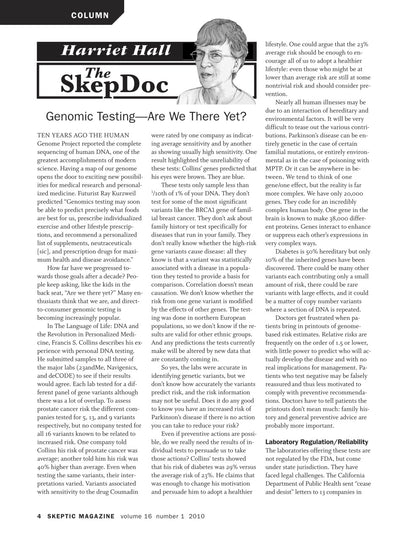 A scanned or photographed page from Skeptic Magazine featuring an article titled 'The SkepDoc' by Harriet Hall, with multiple columns of black text on a white page.
[additional_image_link]