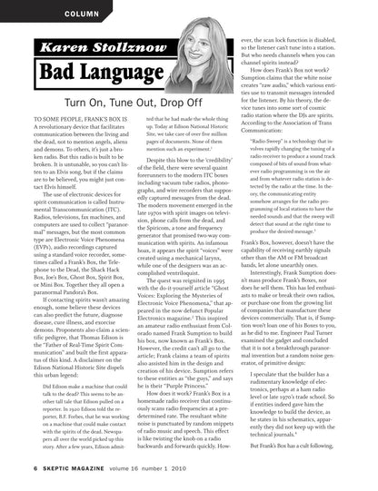 A single-page magazine article page from Skeptic Magazine, Volume 16, Number 1, 2010, titled 'Bad Language' by Karen Stollnow. The page features a black and white layout with columns of text on a white background.
[additional_image_link]