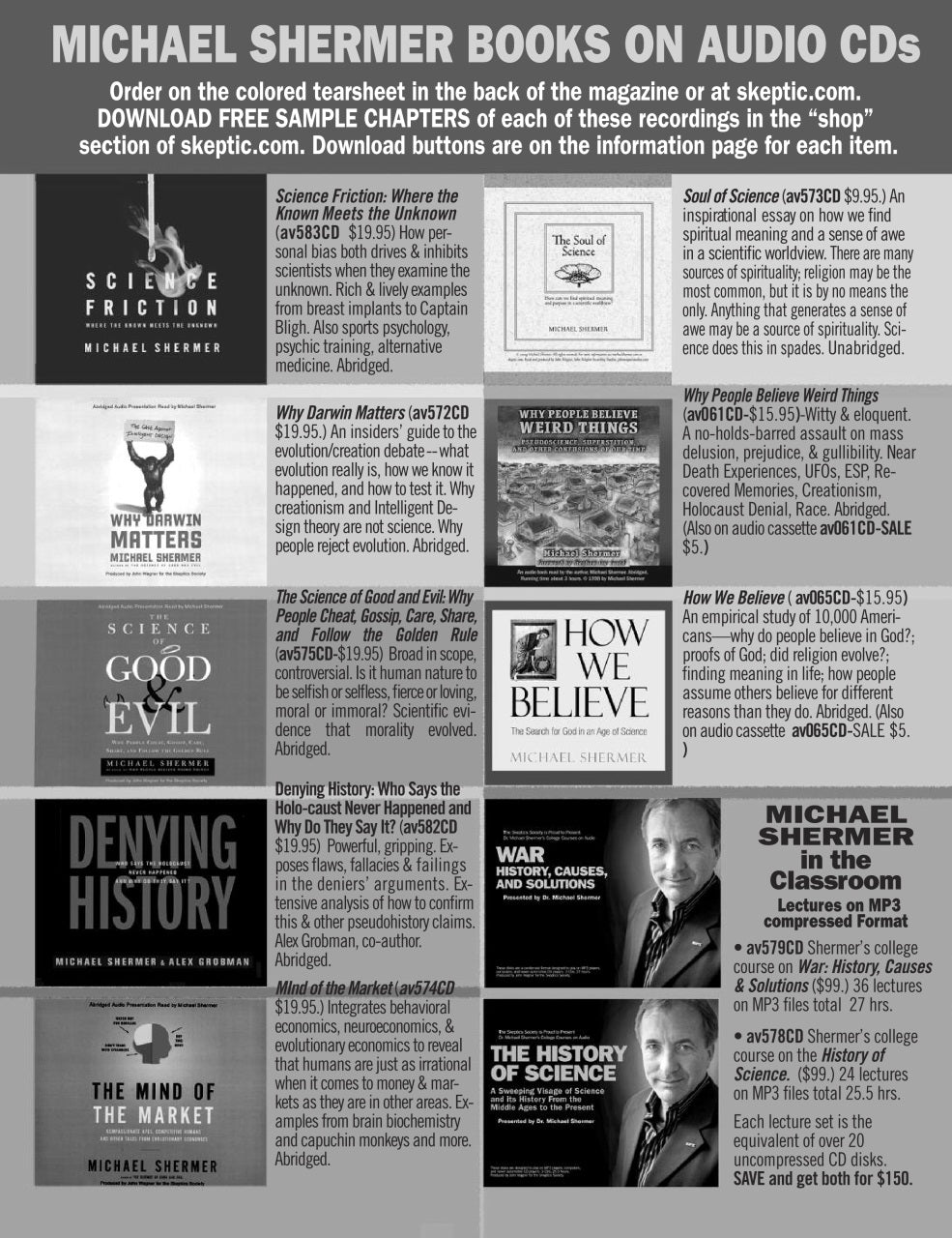A black and white promotional flyer or catalog page for Michael Shermer books and audio CDs, featuring multiple book covers, titles, and text blocks on a white background.
[additional_image_link]