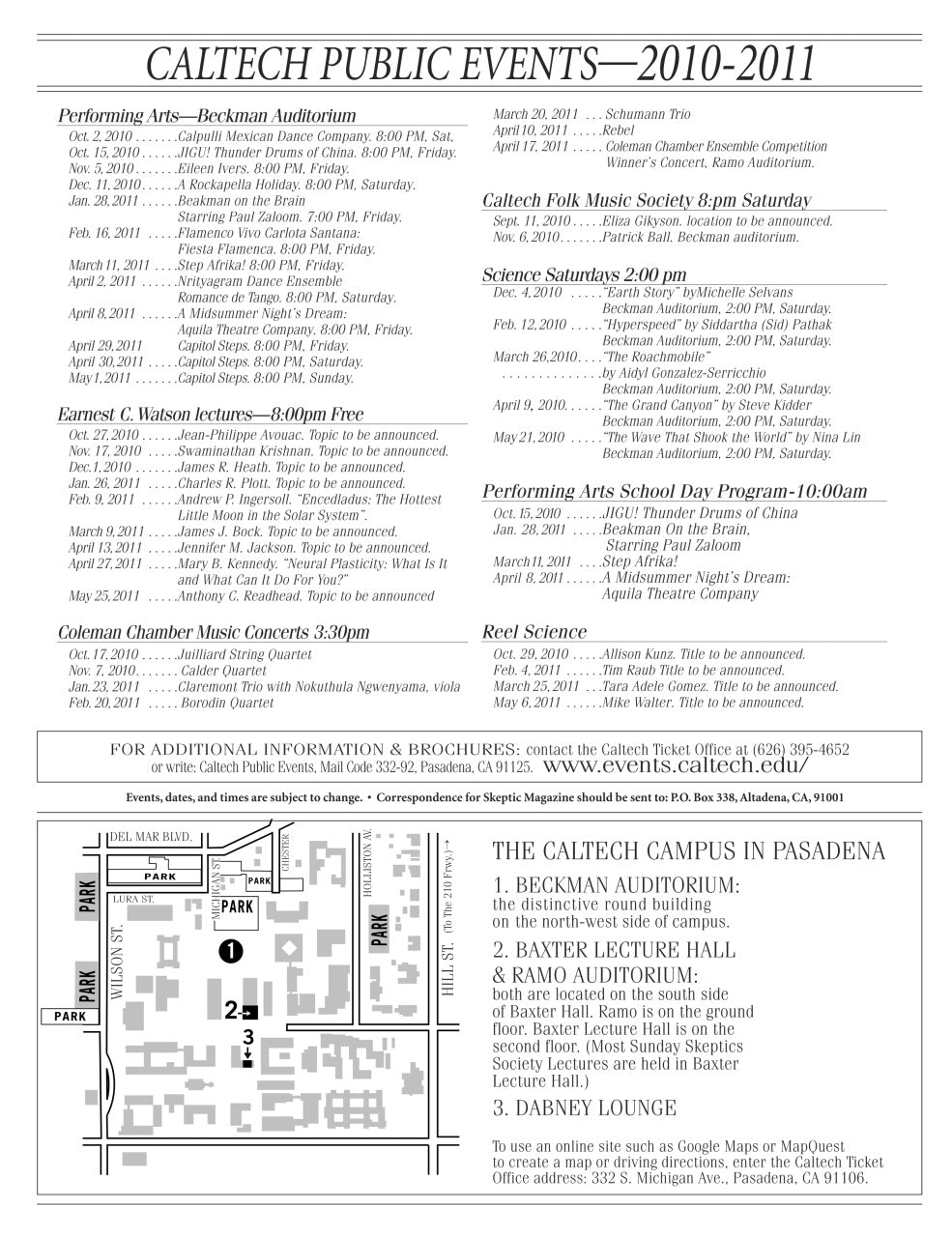 A black-and-white printed program or brochure page for Caltech Public Events 2010-2011, with event listings at the top, a map of Caltech Campus below, and venue information at the bottom.
[additional_image_link]