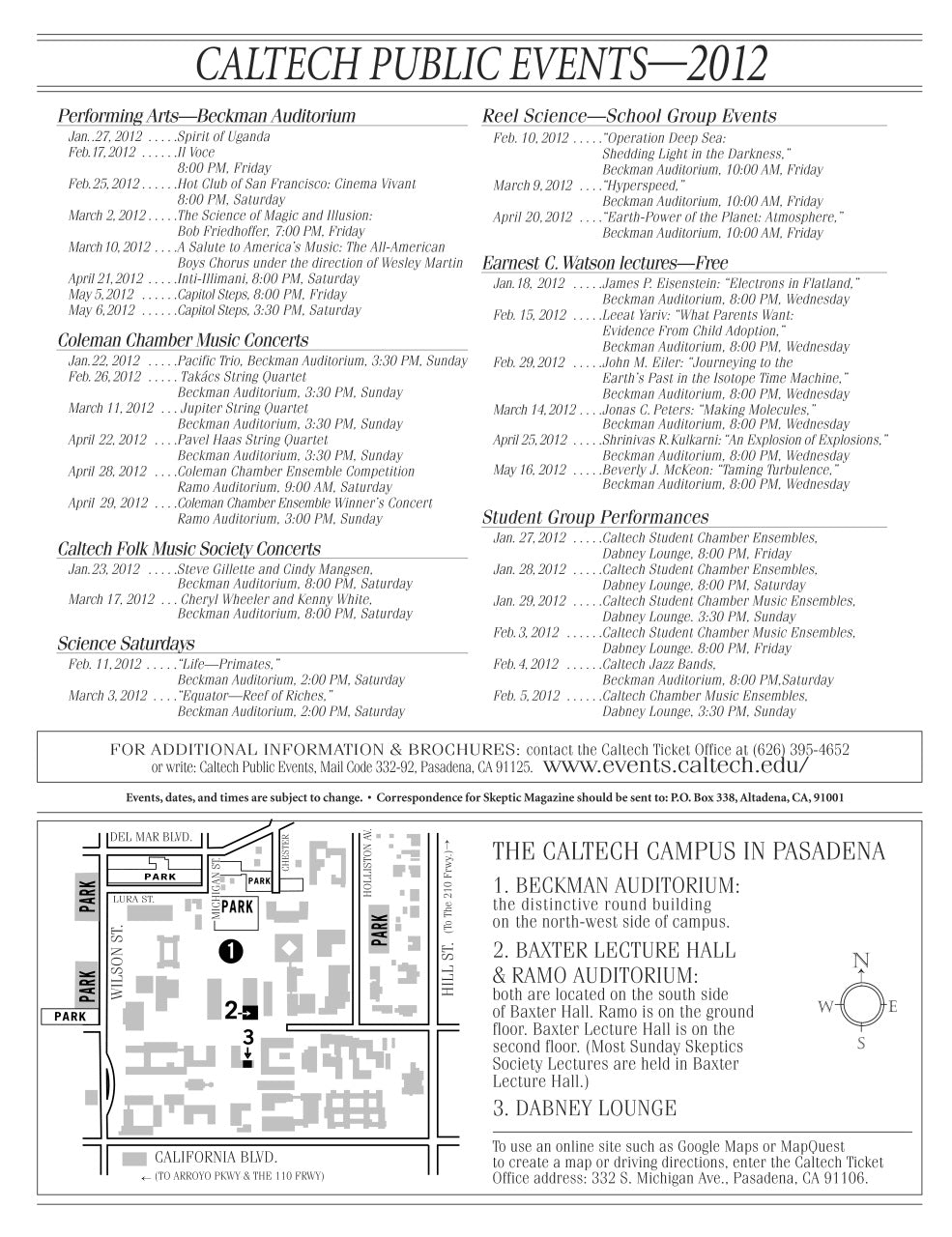 A black-and-white printed program or brochure page for Caltech Public Events 2012, with event listings, a map, and venue information for the Caltech Campus in Pasadena.
[additional_image_link]