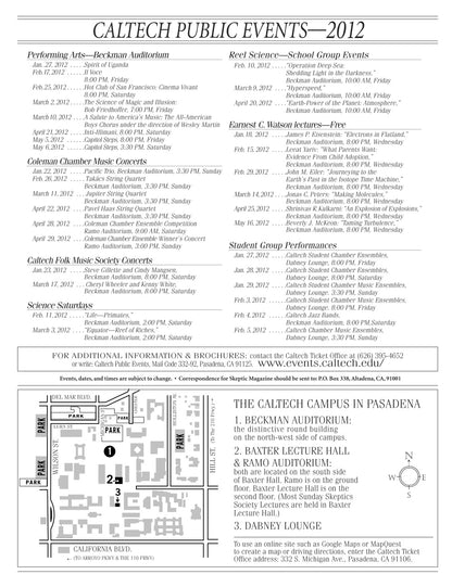 A black-and-white printed program or brochure page for Caltech Public Events 2012, with event listings, a map, and venue information for the Caltech Campus in Pasadena.
[additional_image_link]