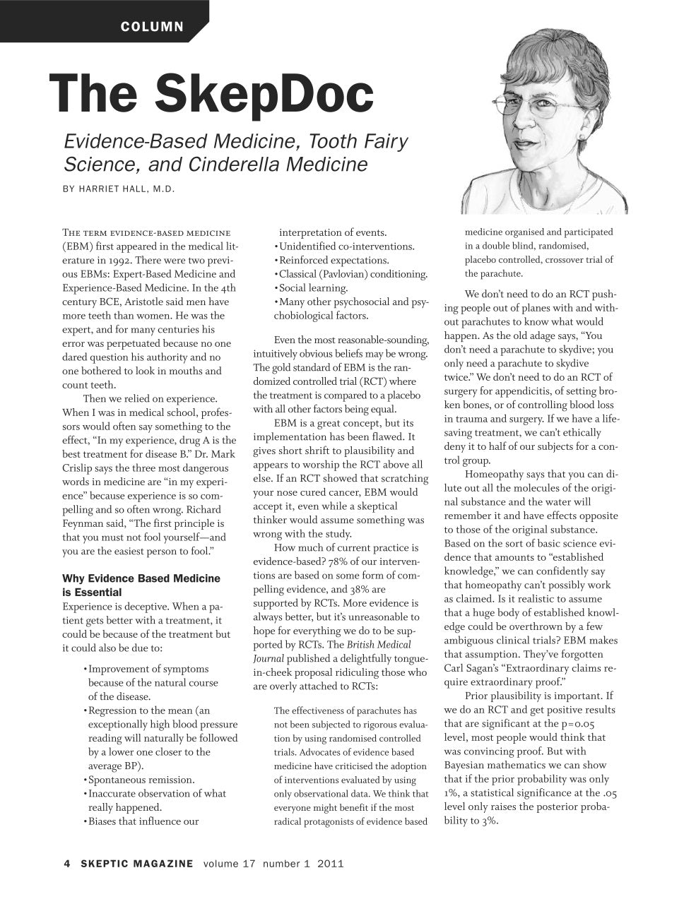 A single printed magazine or booklet page titled 'The SkeptDoc' with multiple columns of black text on a white page and a small grayscale inset photo in the upper right. This is not a product beauty shot, not a person-in-environment lifestyle image, and not a measurement chart, color swatch, or instruction diagram.
[additional_image_link]