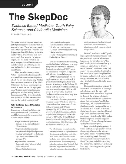 A single printed magazine or booklet page titled 'The SkeptDoc' with multiple columns of black text on a white page and a small grayscale inset photo in the upper right. This is not a product beauty shot, not a person-in-environment lifestyle image, and not a measurement chart, color swatch, or instruction diagram.
[additional_image_link]