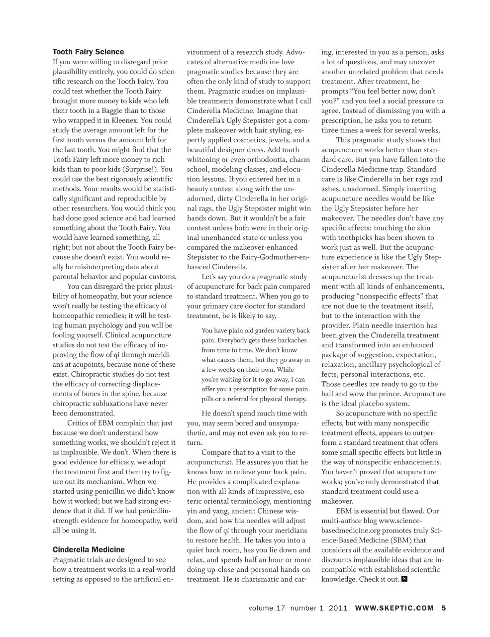 A scanned book or magazine page with two columns of black text on a white page, headed 'Tooth Fairy Science' and 'Cinderella Medicine,' with a small website mark at the bottom right.
[additional_image_link]