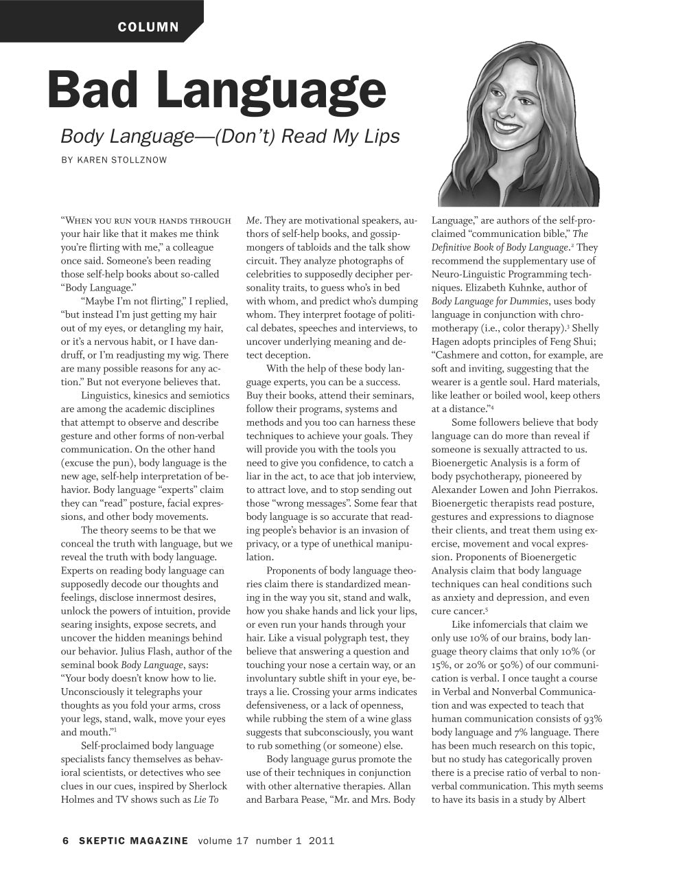 A single-page magazine article from Skeptic Magazine titled 'Body language—Don't Read My Lips' by Karen Stollman, featuring black text on a white page with a gray header.
[additional_image_link]