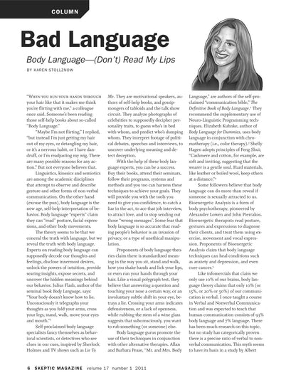 A single-page magazine article from Skeptic Magazine titled 'Body language—Don't Read My Lips' by Karen Stollman, featuring black text on a white page with a gray header.
[additional_image_link]