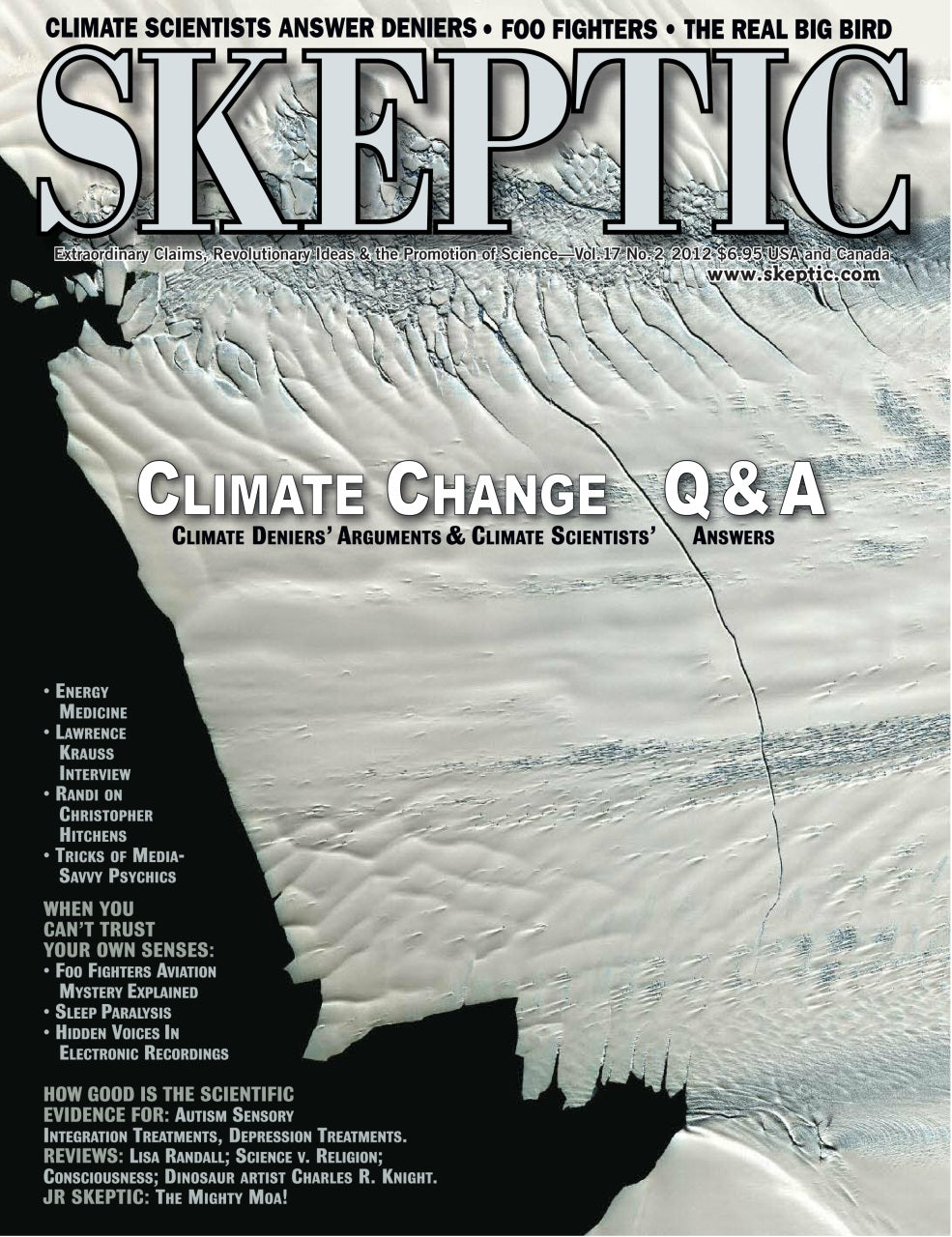 Skeptical magazine cover featuring a dramatic grayscale ice field and dark shoreline, with large 'SKEPTIC' masthead and the headline 'CLIMATE CHANGE Q & A'.
[image_link]