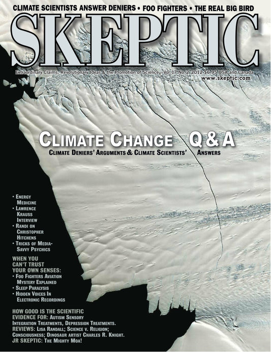 Skeptical magazine cover featuring a dramatic grayscale ice field and dark shoreline, with large 'SKEPTIC' masthead and the headline 'CLIMATE CHANGE Q & A'.
[image_link]