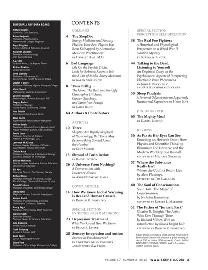 A printed or digital contents page from the Skeptic magazine, showing the table of contents for Volume 37 Number 2, 2012. The page has a white background with black text, featuring an editorial advisory board column on the left, the contents title at the top center, article titles and authors in two columns, and a Skeptic website URL at the bottom.
[additional_image_link]